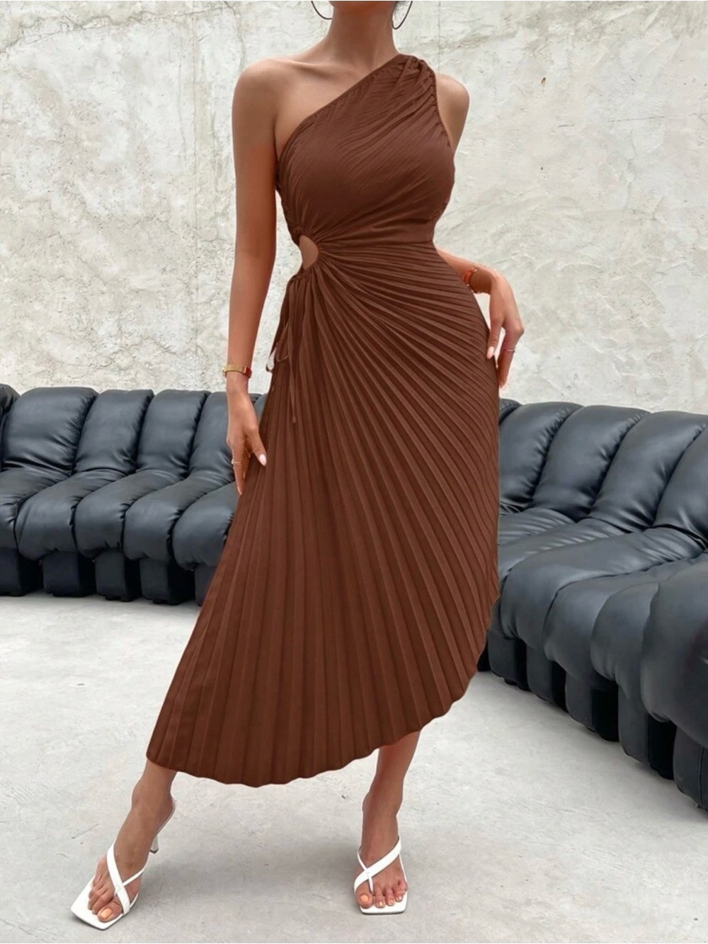 SHEIN Brown One-Shoulder Pleated Midi Dress with Side Cutout